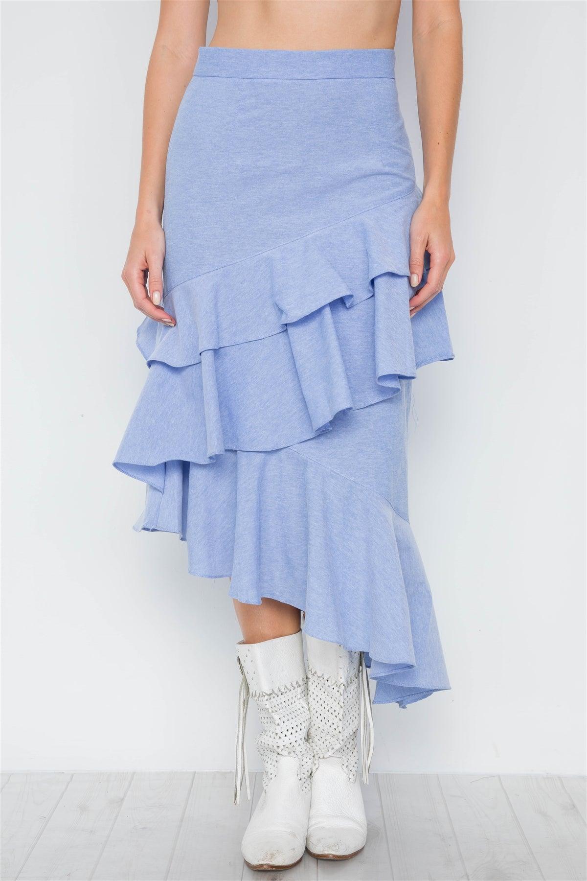 Denim Blue Ruffle High-Waist Midi Skirt /2-2-2