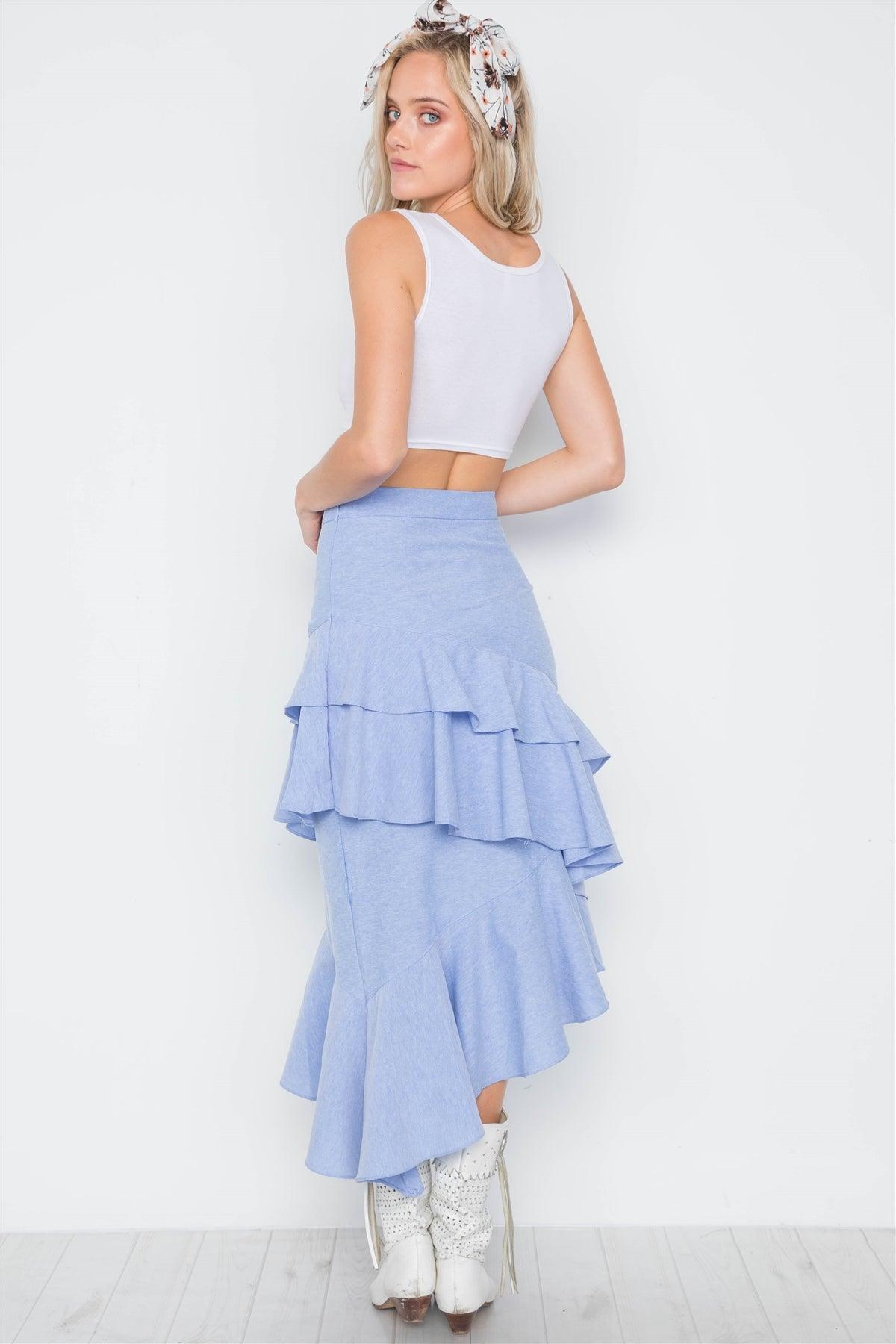 Denim Blue Ruffle High-Waist Midi Skirt /2-2-2