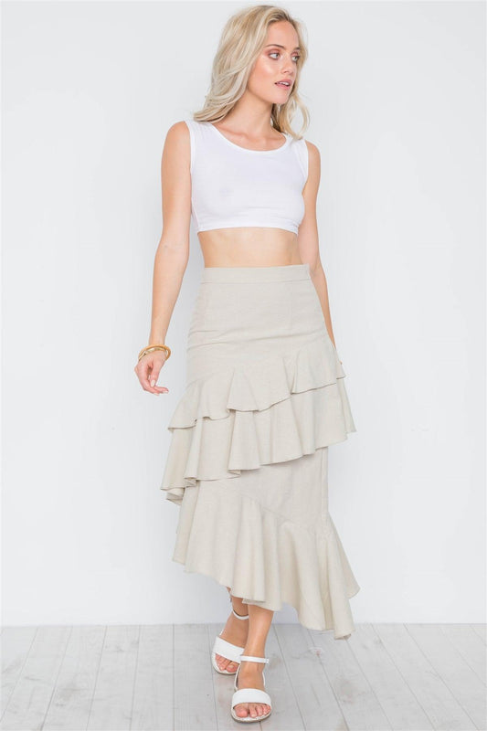 Brown Taupe Ruffle High-Waist Midi Skirt /2-2-2