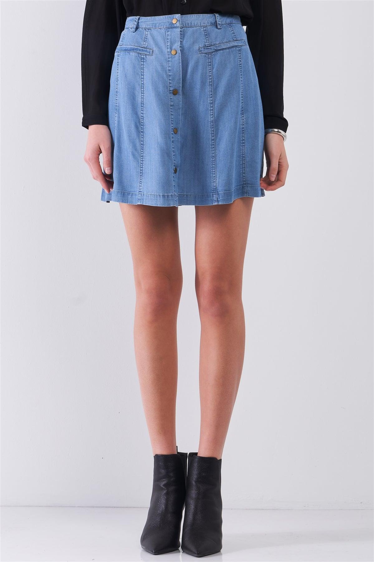 Blue High-Waisted Light Weight  Faux Pocket Front Snap Button Down Belt Loops Denim Skirt /2-4