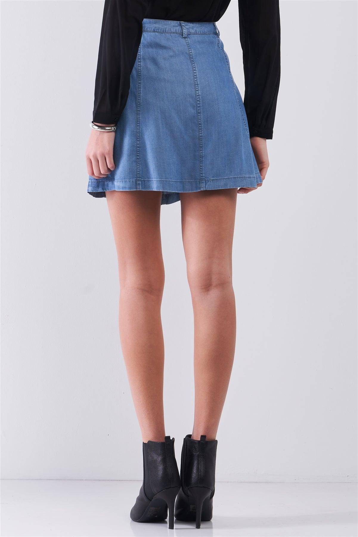 Blue High-Waisted Light Weight  Faux Pocket Front Snap Button Down Belt Loops Denim Skirt /2-4