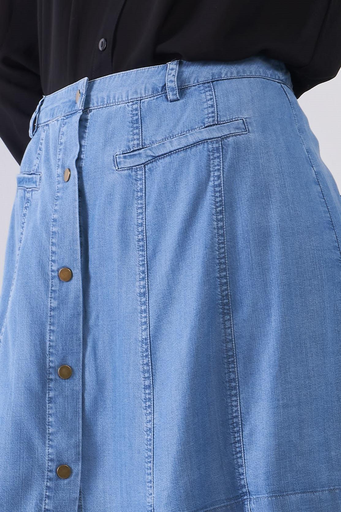 Blue High-Waisted Light Weight  Faux Pocket Front Snap Button Down Belt Loops Denim Skirt /2-4