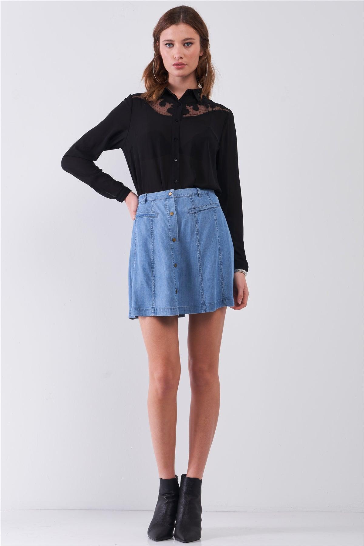 Blue High-Waisted Light Weight  Faux Pocket Front Snap Button Down Belt Loops Denim Skirt /2-4