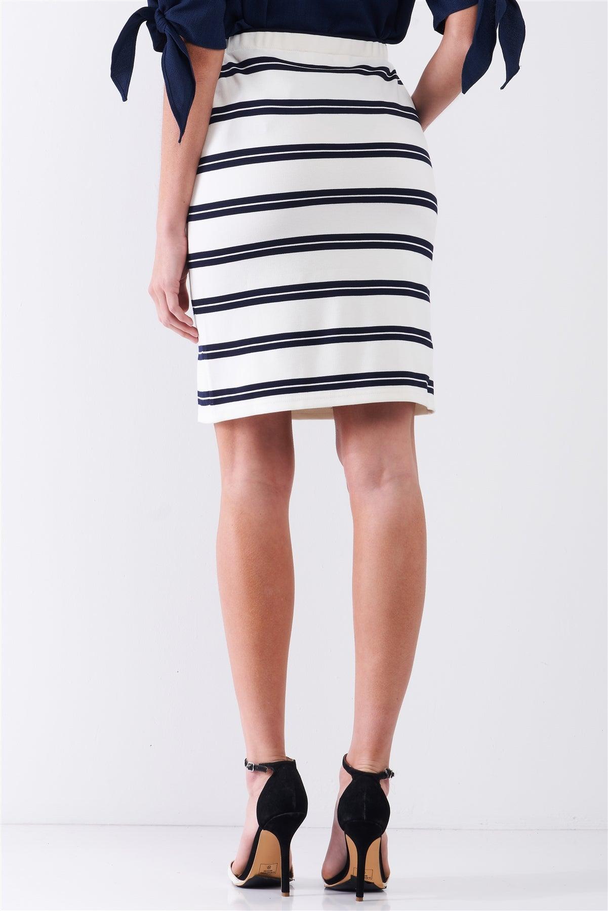 White & Navy Striped Elasticized Self-Tie High-Waist Pencil Skirt /1-2-2-1