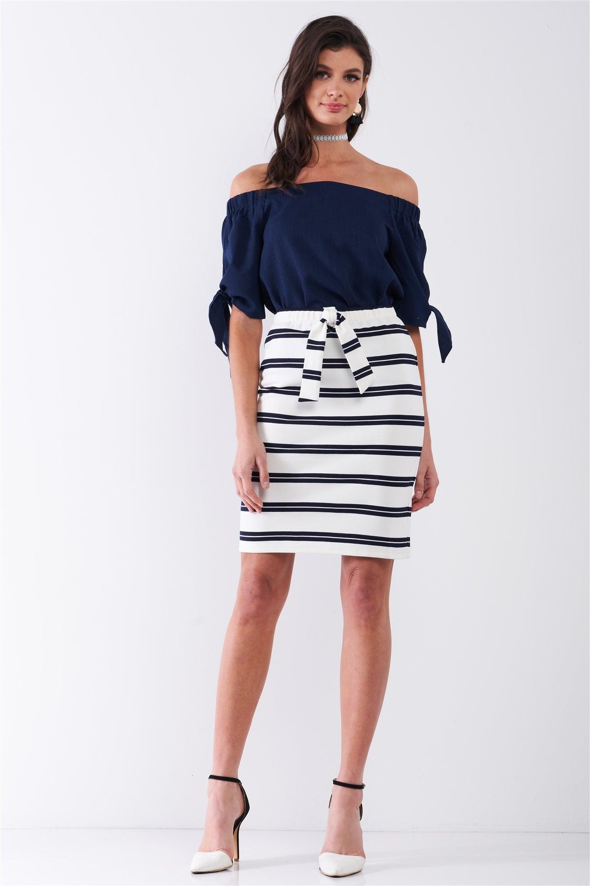 White & Navy Striped Elasticized Self-Tie High-Waist Pencil Skirt /1-2-2-1