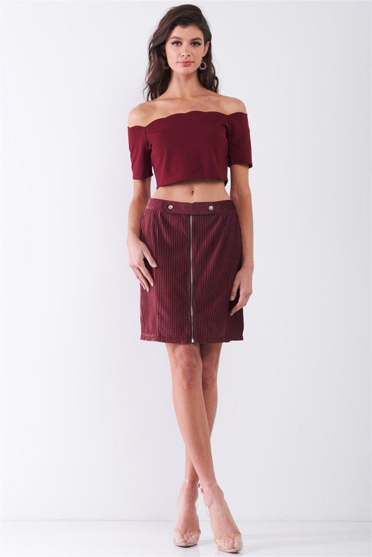 Plum Velvet Ribbed High Waist Front Zip-Up Detail Tight Mini Skirt /1-2-2-1