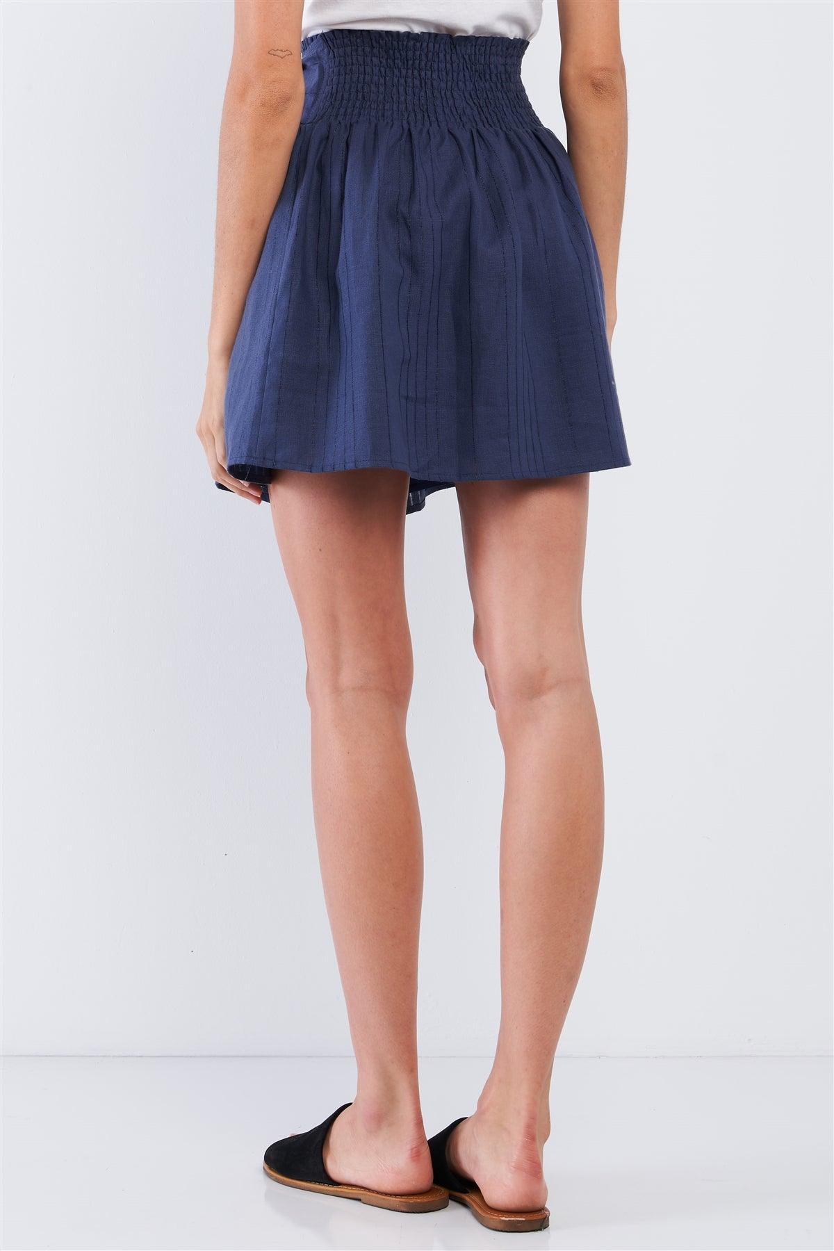 Navy Blue Linen Striped Pleated Smock High Waist Self-Tie Detail Mini Skirt /1-2-2-1