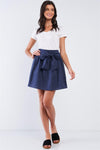 Navy Blue Linen Striped Pleated Smock High Waist Self-Tie Detail Mini Skirt /3-3-1