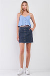 Dark Blue & Red Striped Print High Waist Button-Down Front Raw Hem Detail Denim Mini Skirt /2-1-1