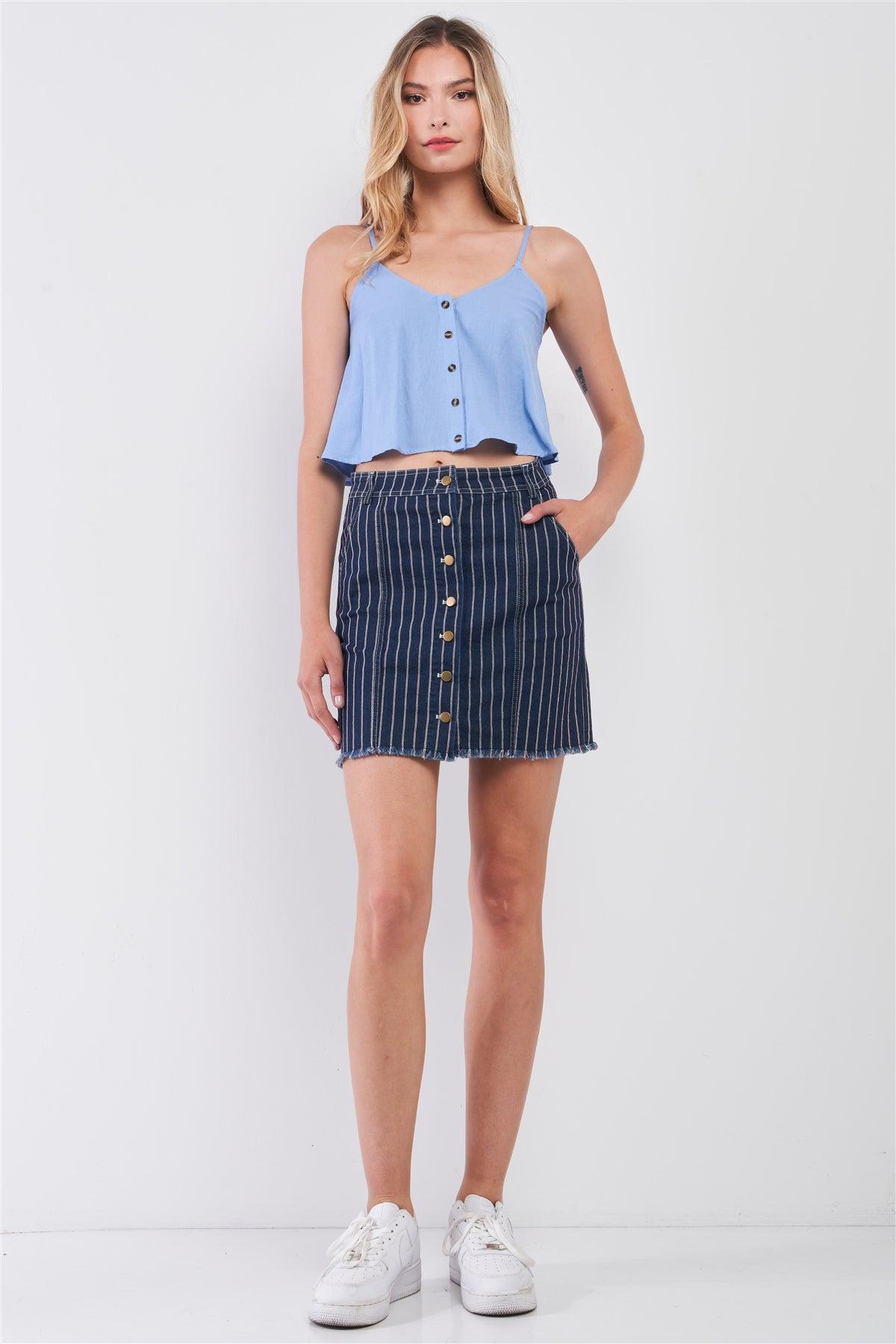 Dark Blue & Red Striped Print High Waist Button-Down Front Raw Hem Detail Denim Mini Skirt /2-1-1