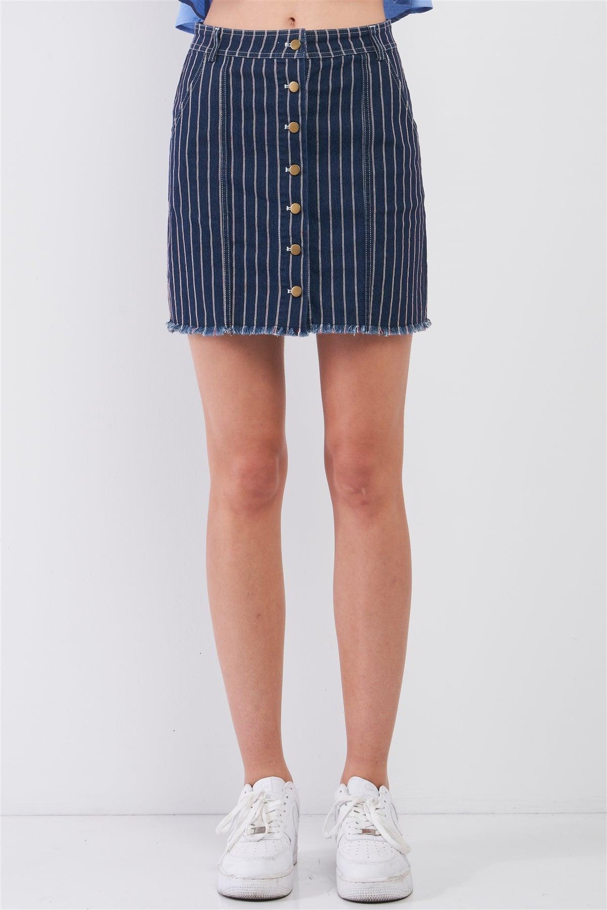 Dark Blue & Red Striped Print High Waist Button-Down Front Raw Hem Detail Denim Mini Skirt /2-1-1