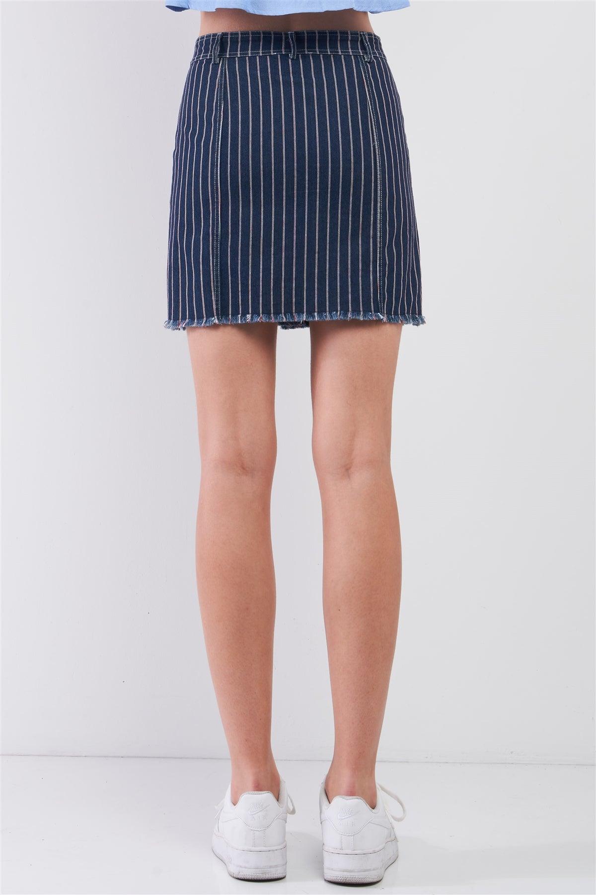 Dark Blue & Red Striped Print High Waist Button-Down Front Raw Hem Detail Denim Mini Skirt /2-1-1