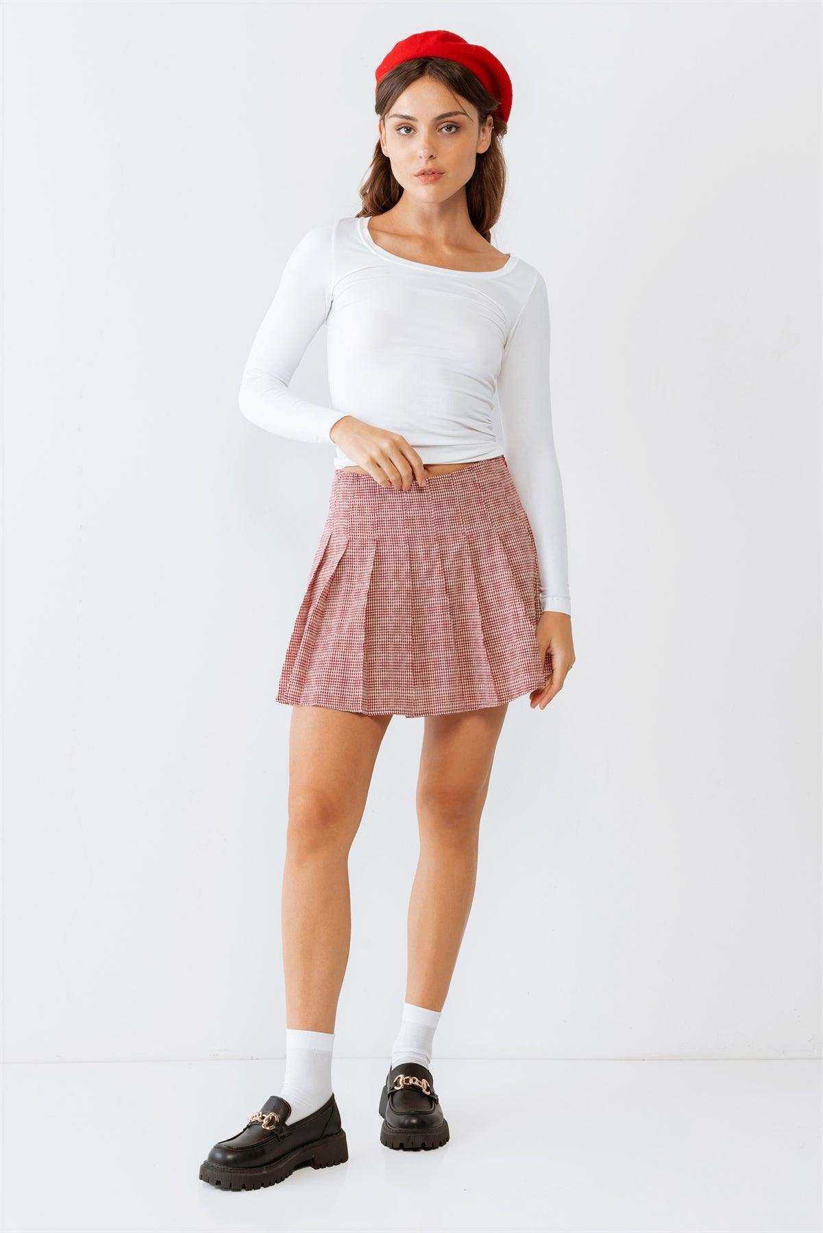 Red & White Plaid Pleated Cotton High Waist Mini Skirt /2-2-1