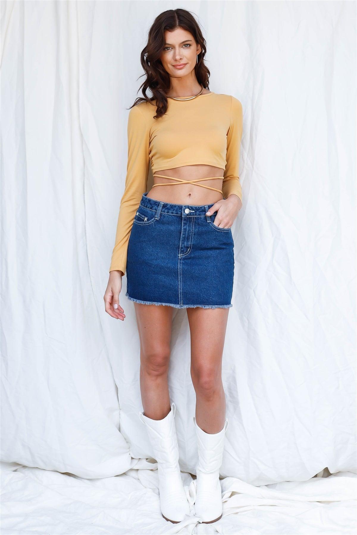 Dark Denim Cotton Raw Hem Mini Skirt /3-2-1