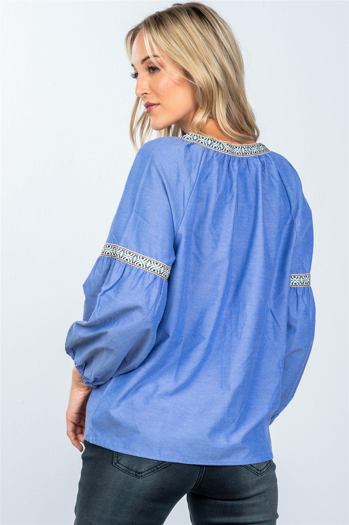 Boho Denim Drop Shoulder Embroidery Blouse /2-2-2 - Tasha Apparel