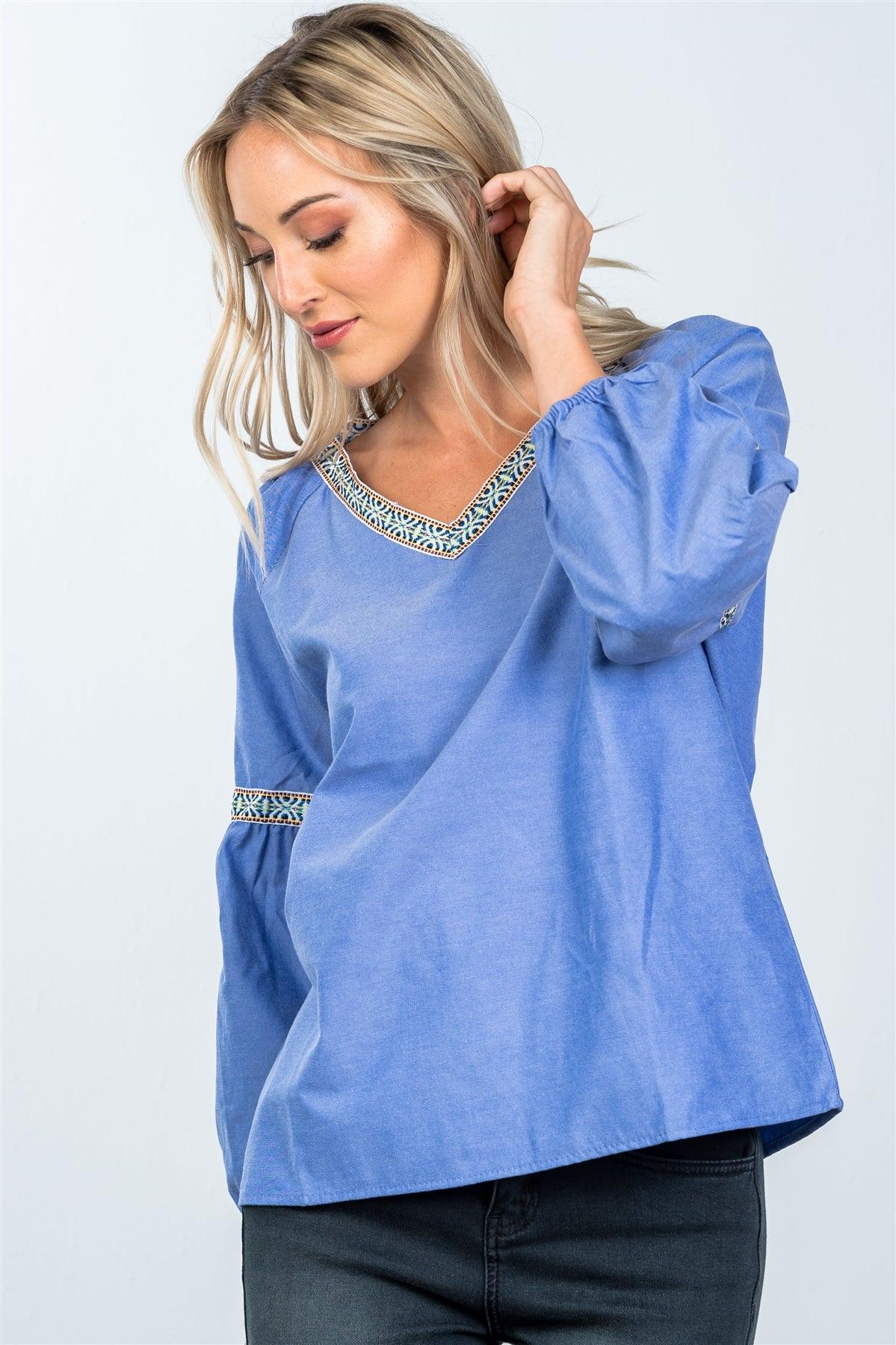 Boho Denim Drop Shoulder Embroidery Blouse /2-2-2 - Tasha Apparel