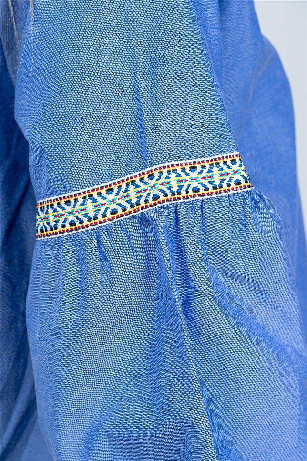 Boho Denim Drop Shoulder Embroidery Blouse /2-2-2 - Tasha Apparel