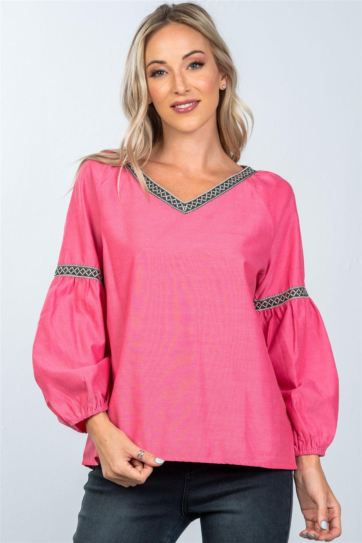 Boho Tomato Red Drop Shoulder Embroidery Blouse /2-2-2