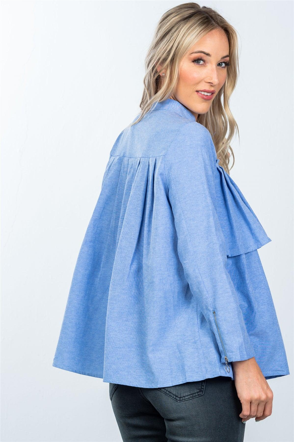 Denim Blue Layer Pleated Button Down Boho Top /2-2-2