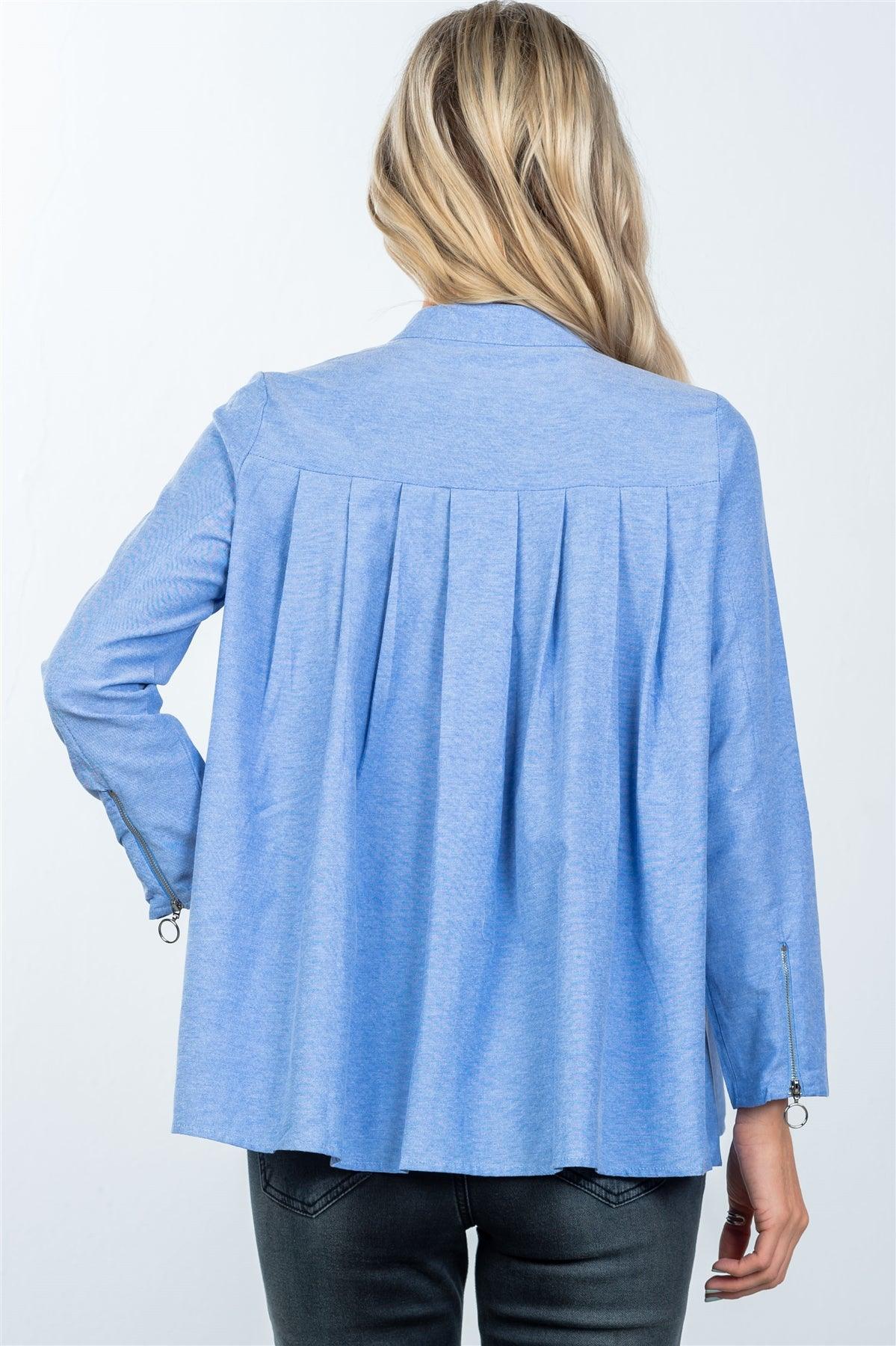 Denim Blue Layer Pleated Button Down Boho Top /2-2-2