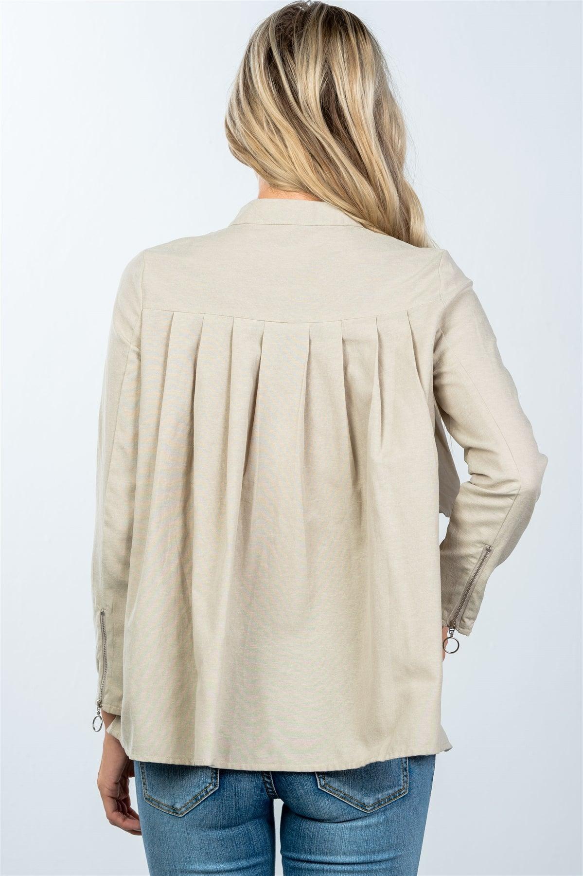 Taupe Layer Pleated Button Down Boho Top /2-2-2