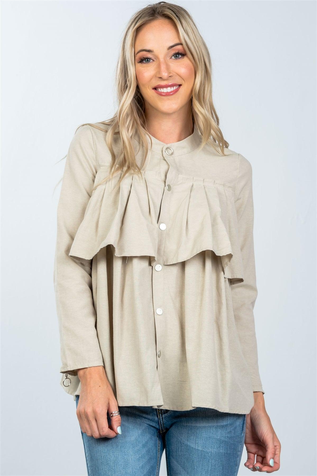 Taupe Layer Pleated Button Down Boho Top /2-2-2