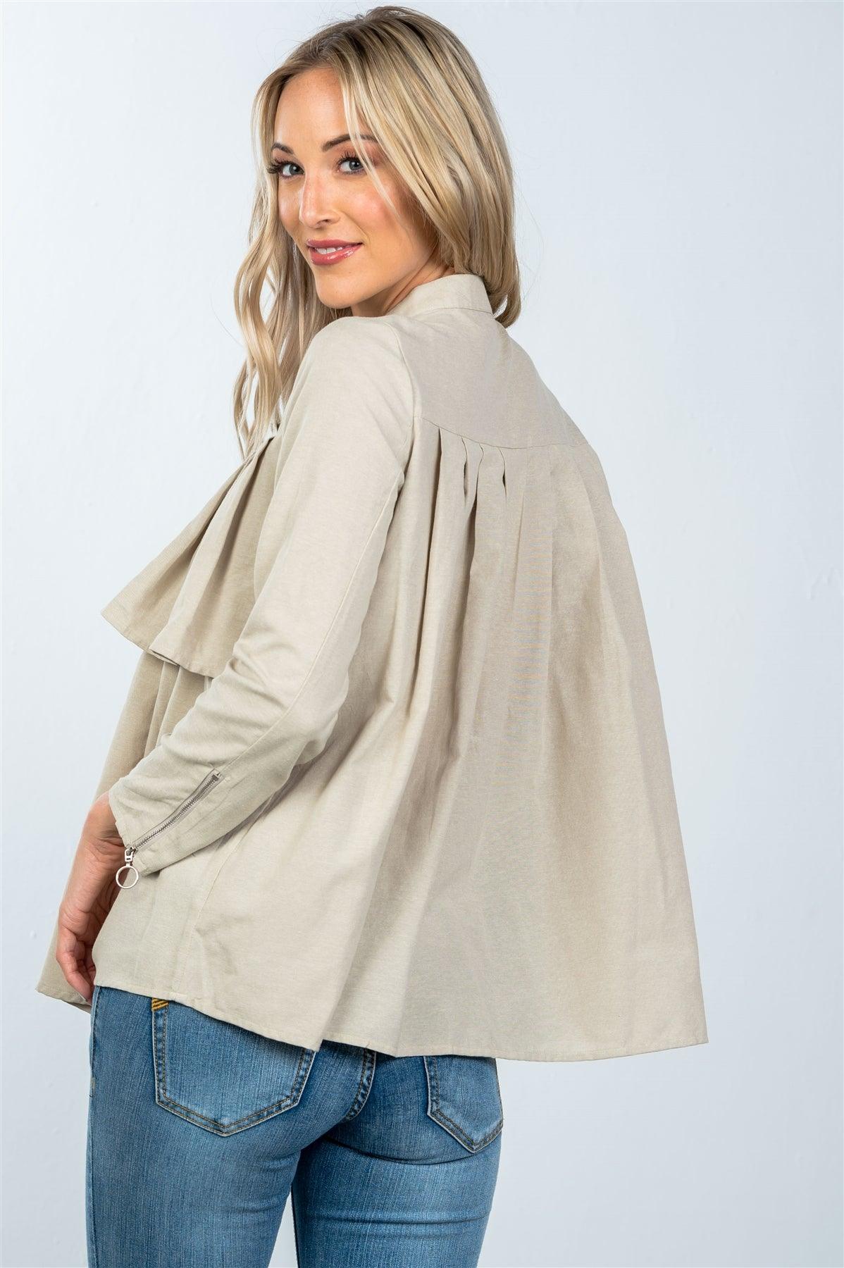 Taupe Layer Pleated Button Down Boho Top /2-2-2