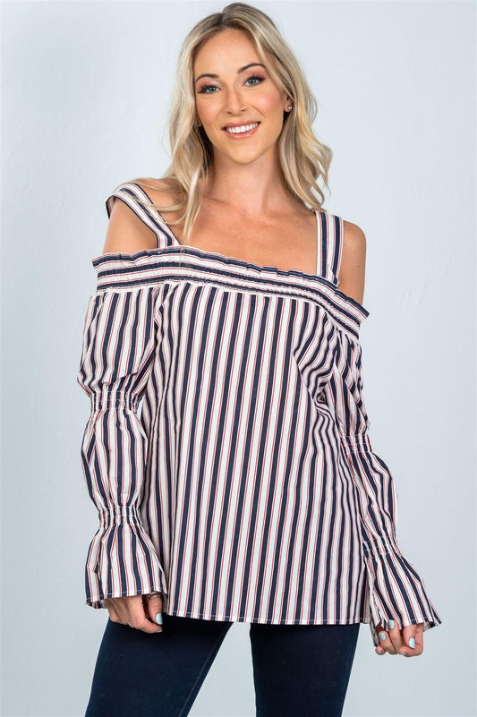 Navy Boho Stripe Cold Shoulder Top /2-2-2