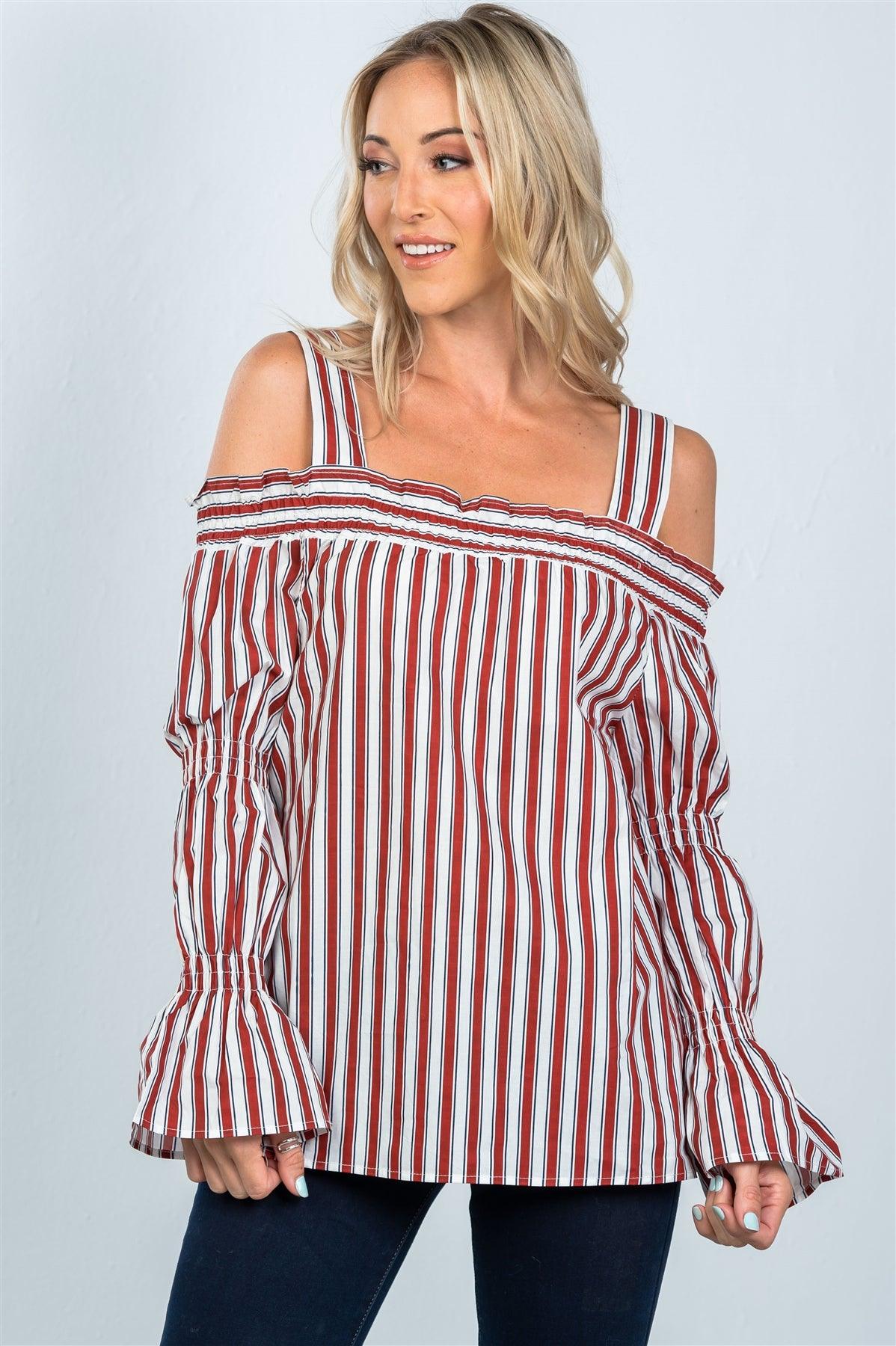 Red Boho Stripe Cold Shoulder Top /2-2-2