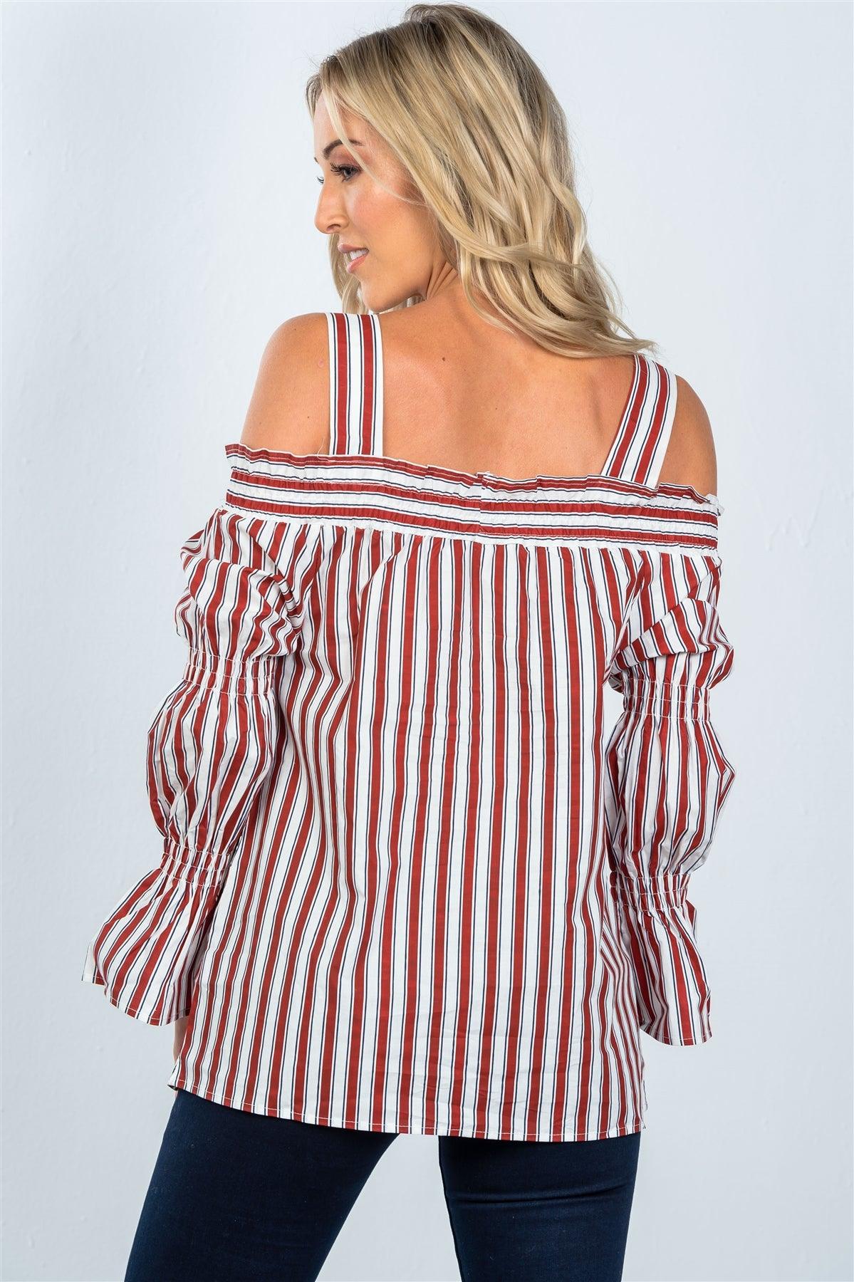 Red Boho Stripe Cold Shoulder Top /2-2-2