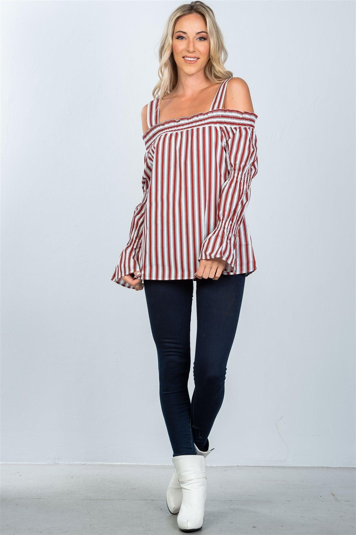 Red Boho Stripe Cold Shoulder Top /2-2-2