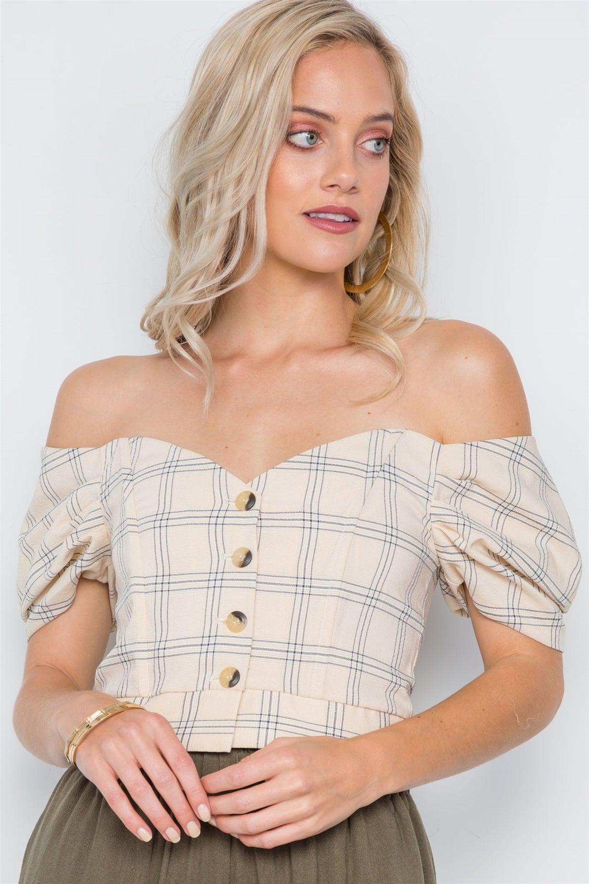 Cream Off-The-Shoulder Puff Sleeves Button Down Crop Top /3-2-1