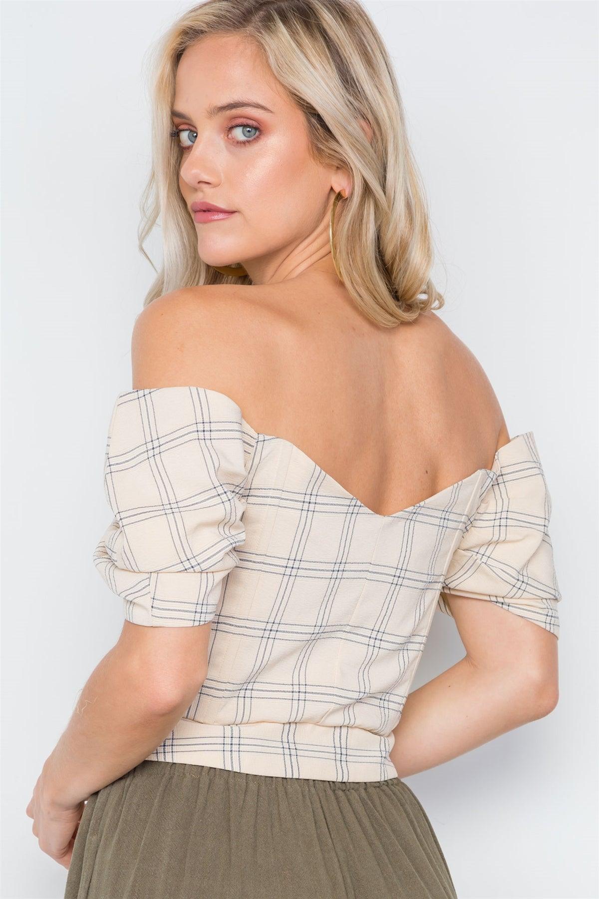 Cream Off-The-Shoulder Puff Sleeves Button Down Crop Top /3-2-1