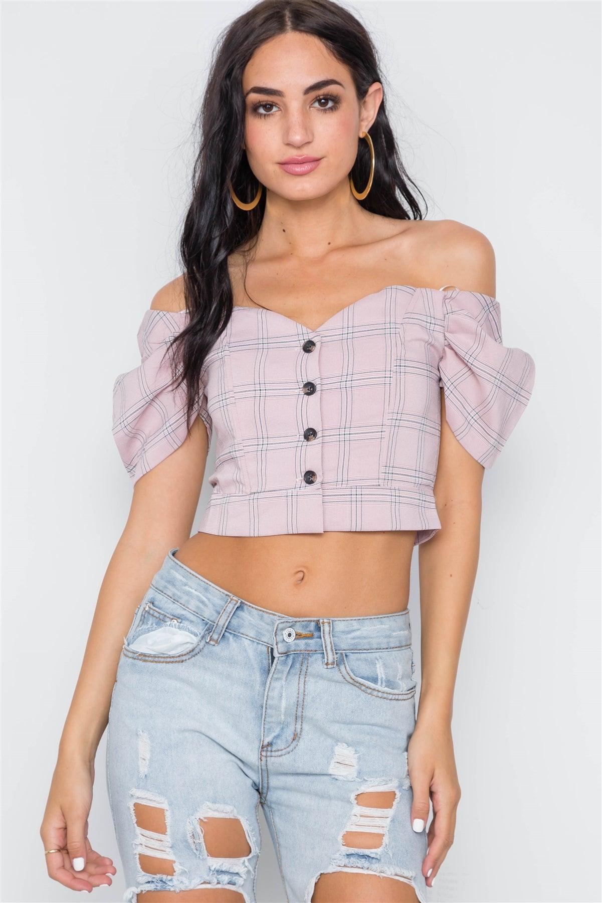 Pink Off-The-Shoulder Puff Sleeves Button Down Crop Top /3-2-1