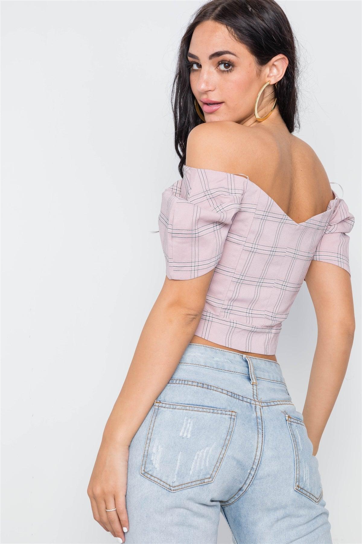 Pink Off-The-Shoulder Puff Sleeves Button Down Crop Top /3-2-1