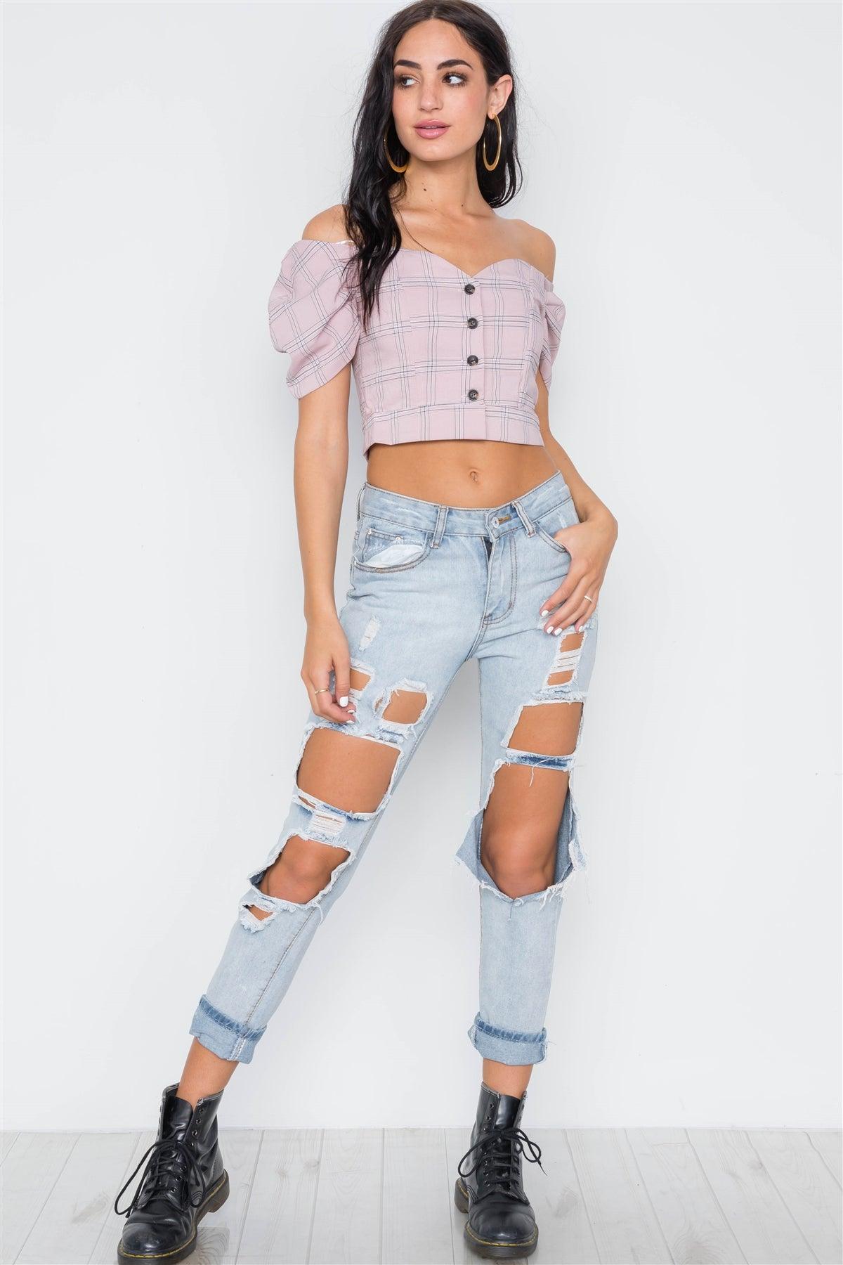 Pink Off-The-Shoulder Puff Sleeves Button Down Crop Top /3-2-1