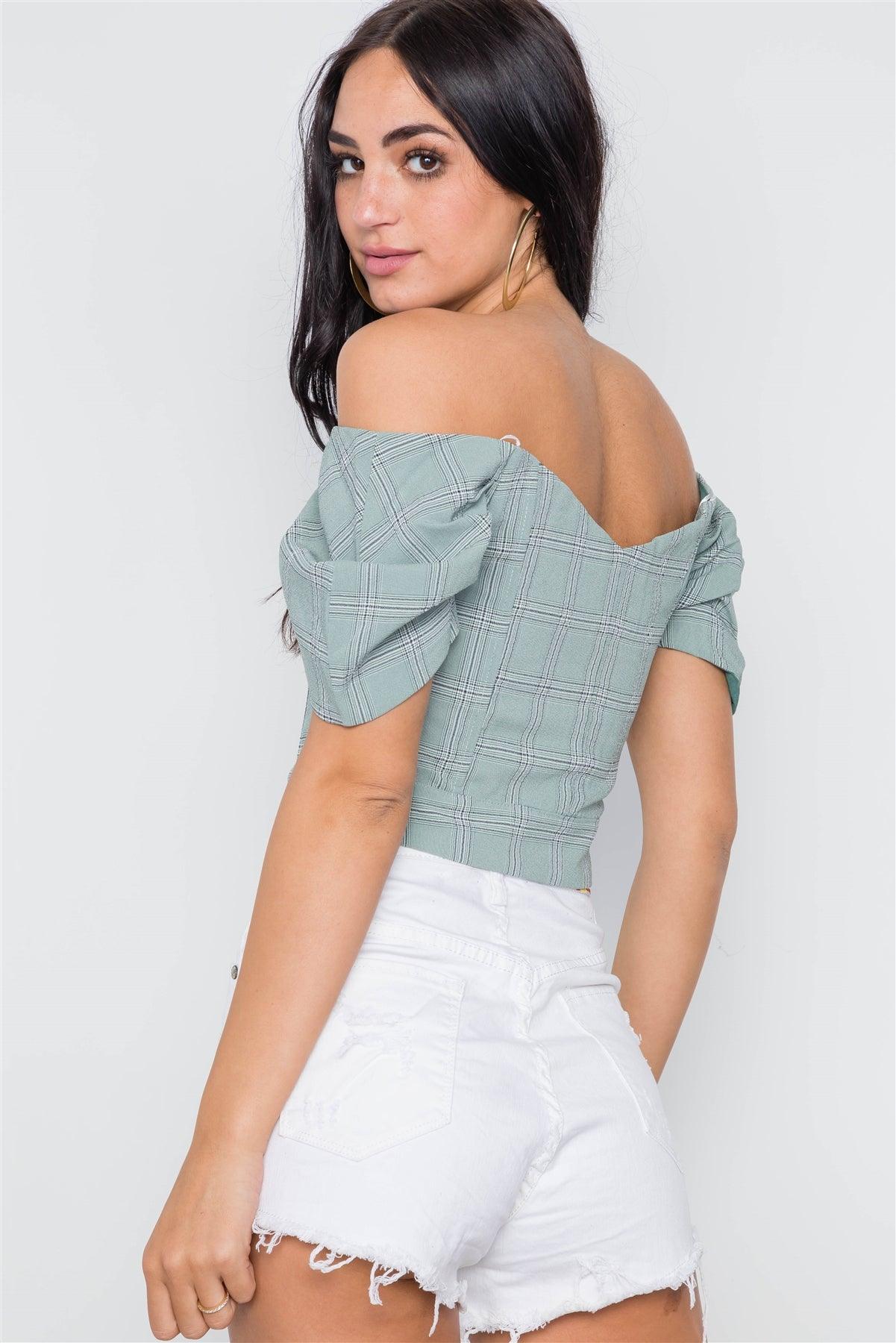 Sage Off-The-Shoulder Puff Sleeves Button Down Crop Top /3-2-1