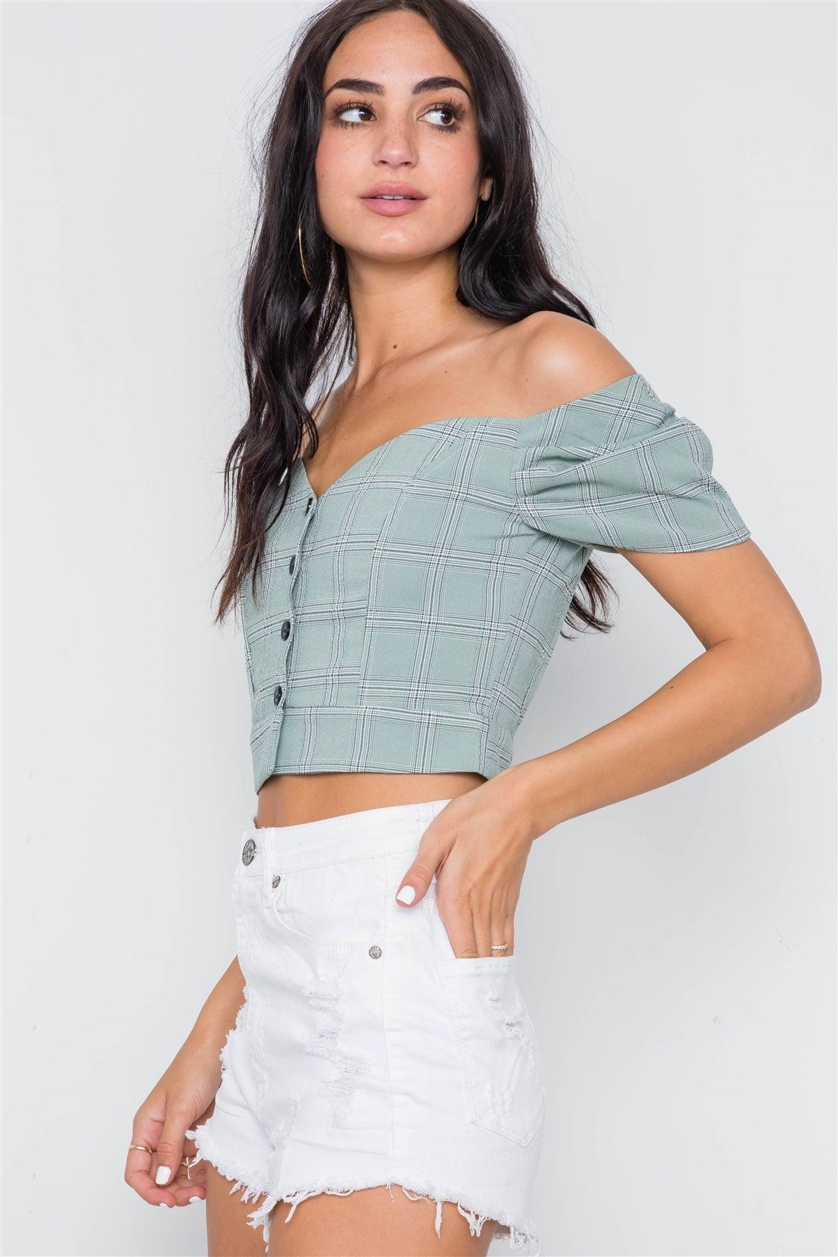 Sage Off-The-Shoulder Puff Sleeves Button Down Crop Top /3-2-1