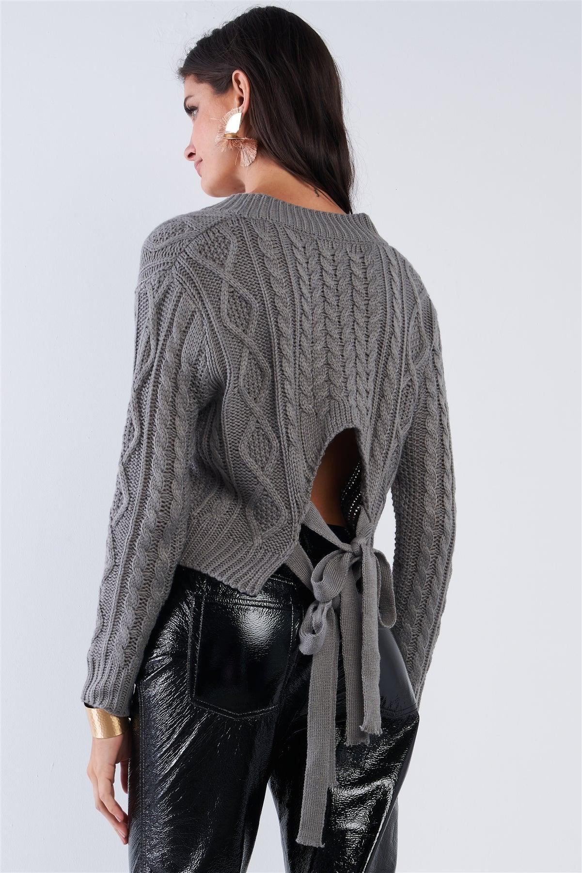 Grey Long Sleeve V-Neck Knit Self-Tie Open Back Cropped Sweater /2-2-2