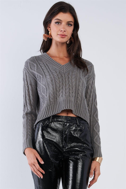 Grey Long Sleeve V-Neck Knit Self-Tie Open Back Cropped Sweater