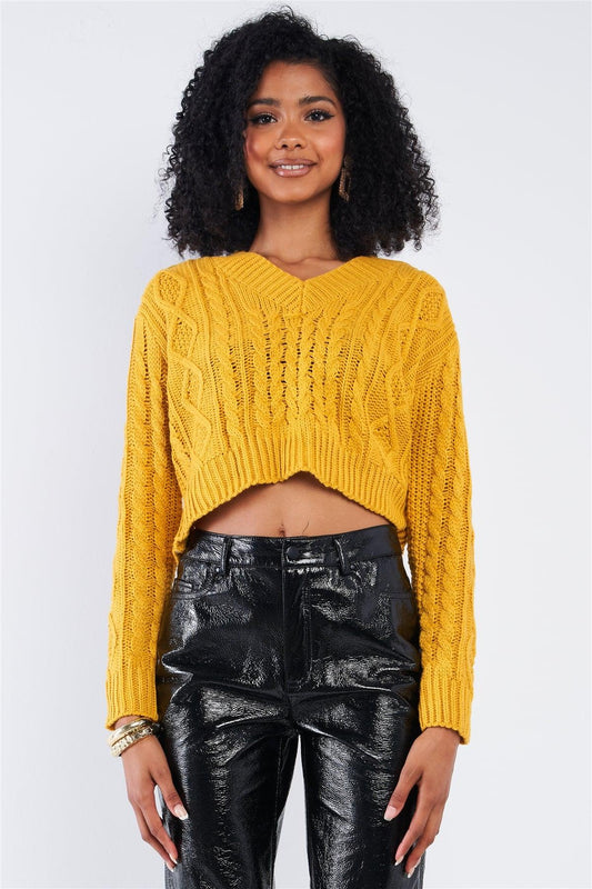 Mustard Long Sleeve V-Neck Knit Self-Tie Open Back Cropped Sweater