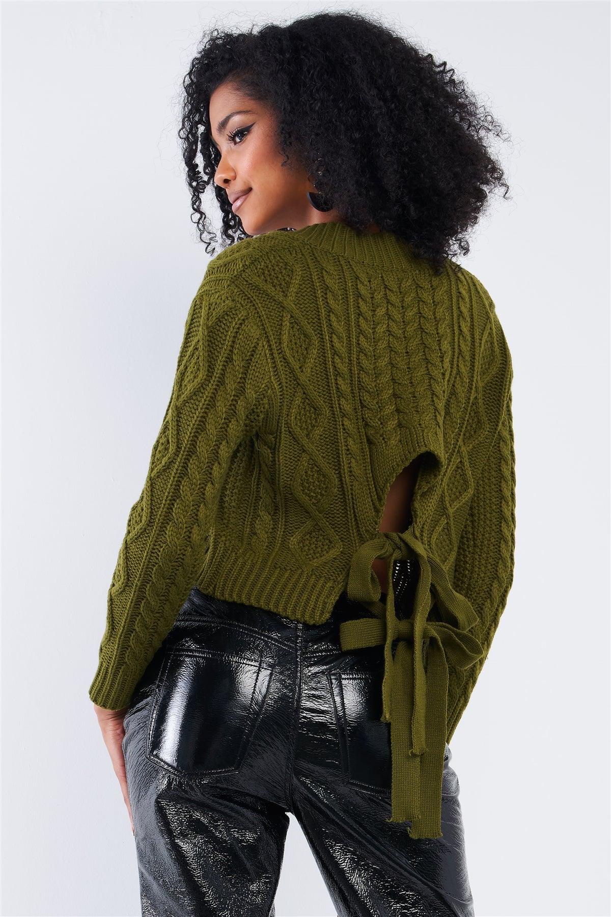 Olive Green Long Sleeve V-Neck Cable Knit Self-Tie Cut Out Back Cropped Sweater /2-2-2