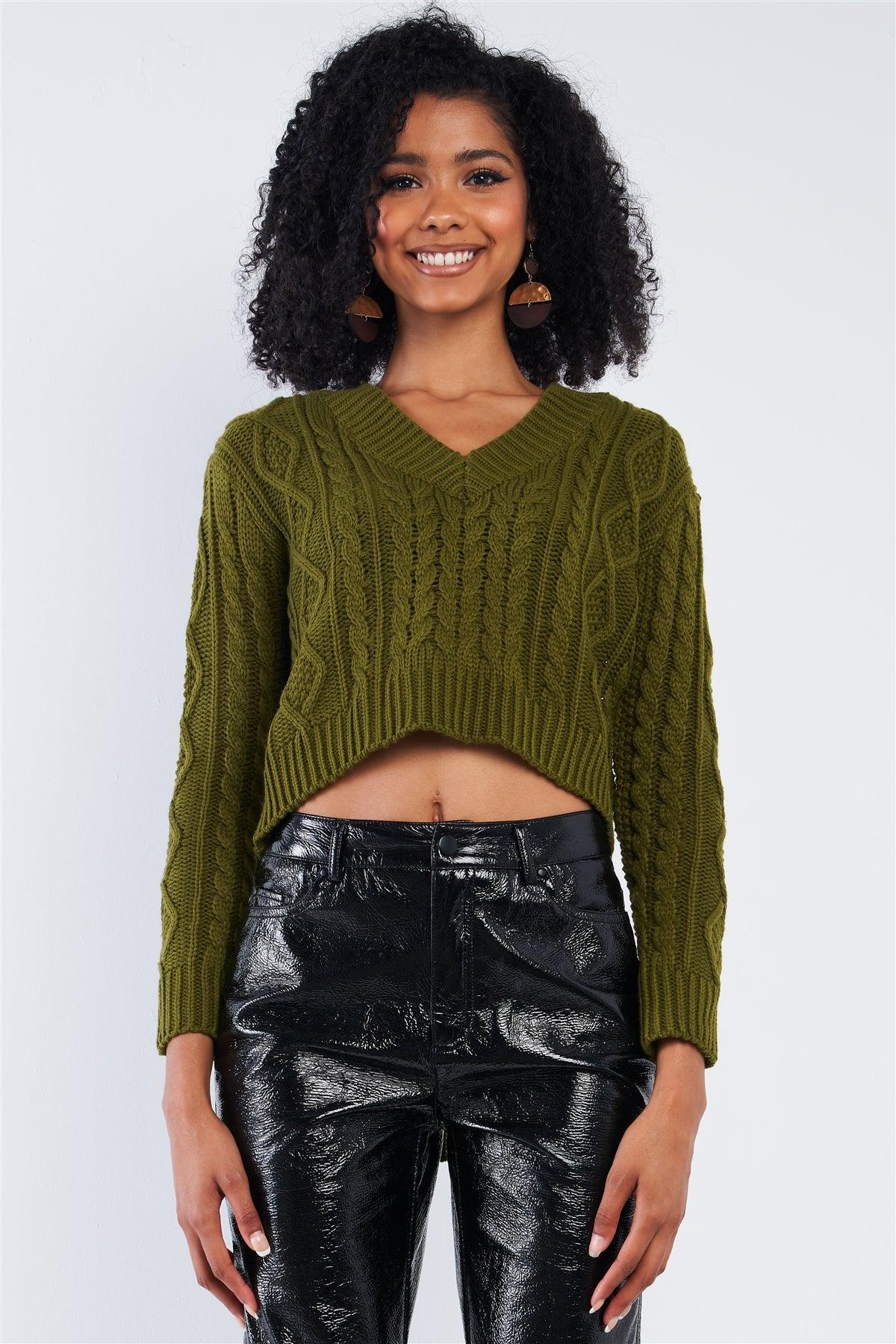 Olive Green Long Sleeve V-Neck Cable Knit Self-Tie Cut Out Back Cropped Sweater /2-2-2