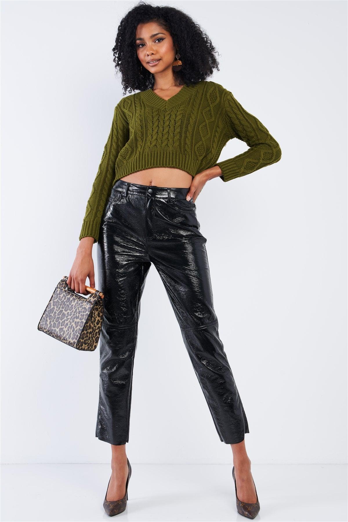 Olive Green Long Sleeve V-Neck Cable Knit Self-Tie Cut Out Back Cropped Sweater /2-2-2