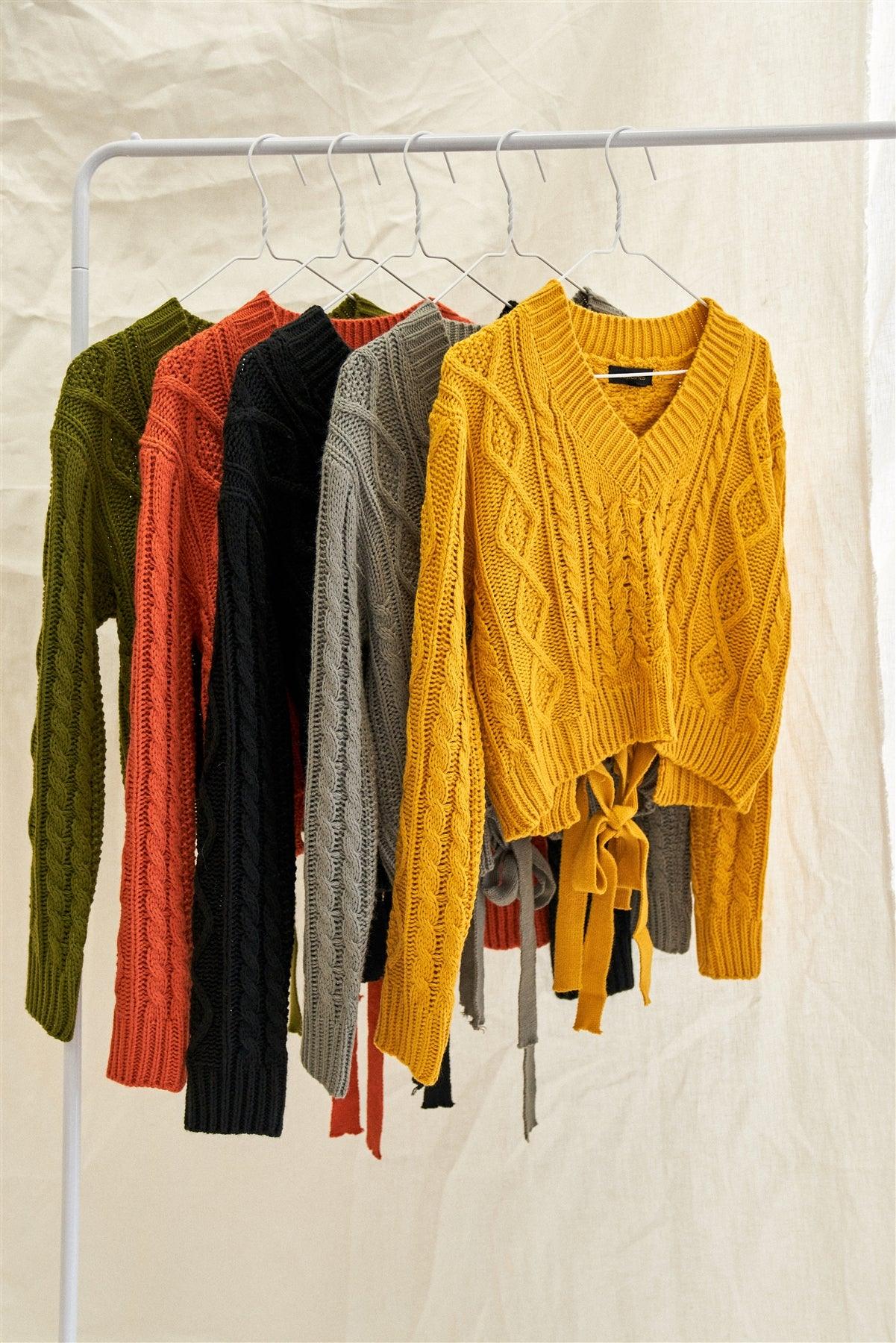 Rust Red Long Sleeve V-Neck Cable Knit Self-Tie Cut Out Back Cropped Sweater /2-2-2