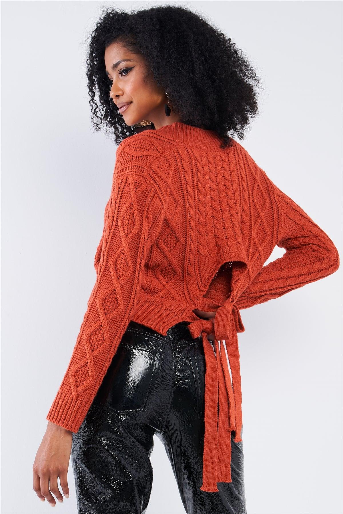 Rust Red Long Sleeve V-Neck Cable Knit Self-Tie Cut Out Back Cropped Sweater /2-2-2