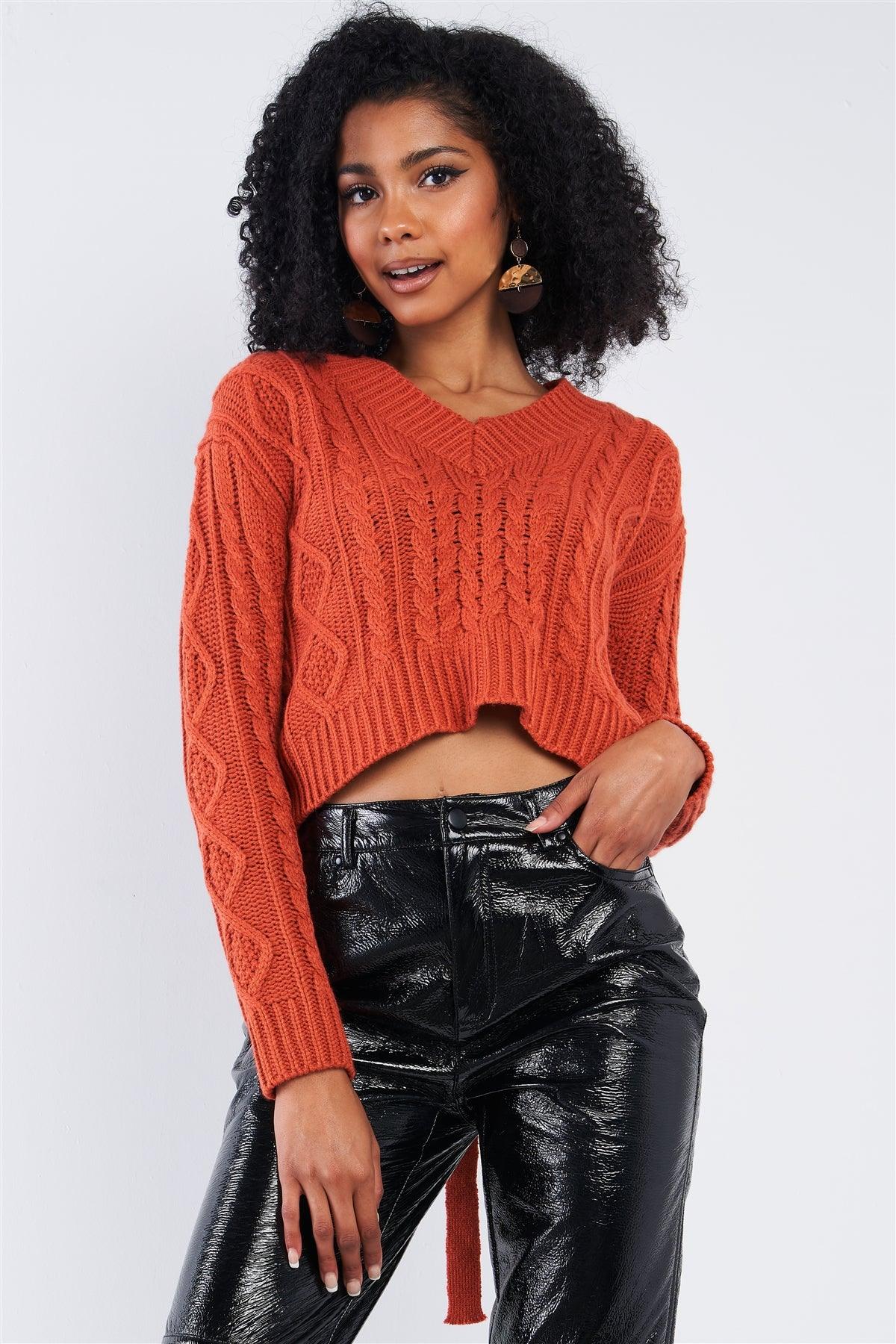 Rust Red Long Sleeve V-Neck Cable Knit Self-Tie Cut Out Back Cropped Sweater /2-2-2