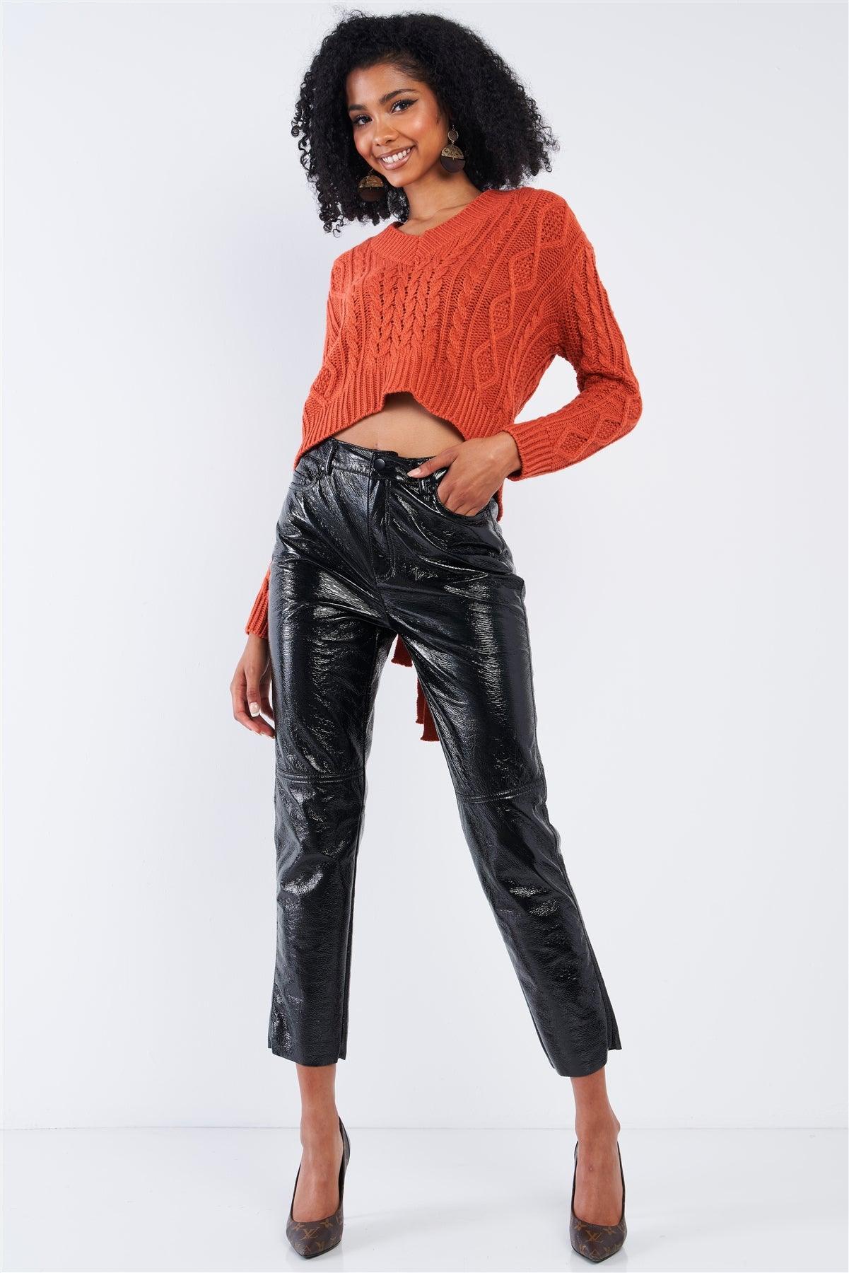 Rust Red Long Sleeve V-Neck Cable Knit Self-Tie Cut Out Back Cropped Sweater /2-2-2