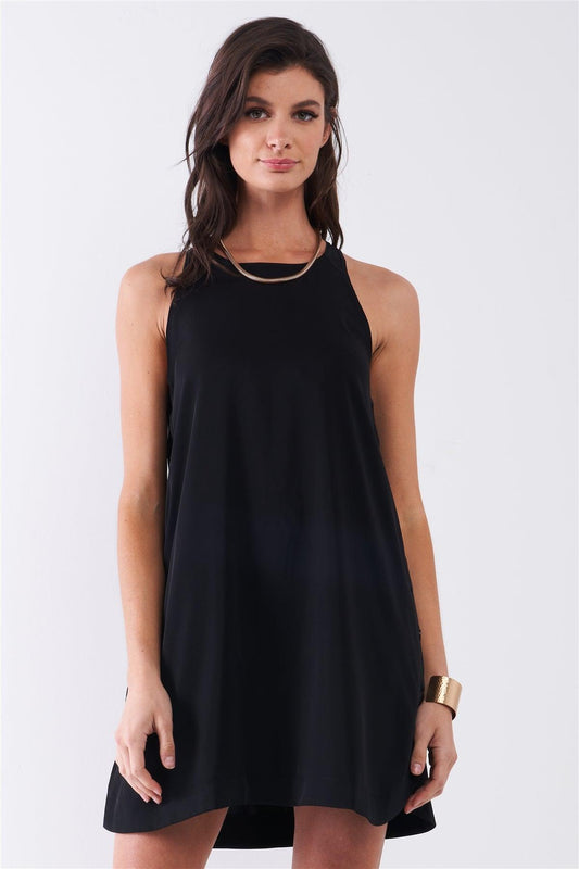 Black Sleeveless Crew Neck Side Snap Button Down Racerback Mini Tent Dress /1-2-1-1