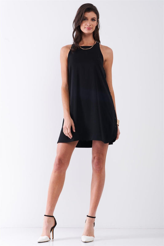 Black Sleeveless Crew Neck Side Snap Button Down Racerback Mini Tent Dress /1-2-2-1